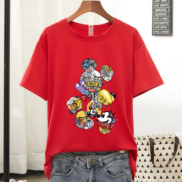 Disney Colorful Mickey Mouse T Shirt Women 2021 Summer Tshirt Graphic Tee Cool Women T-shirt Female Tee Shirt 90s Aesthetic Tops Red