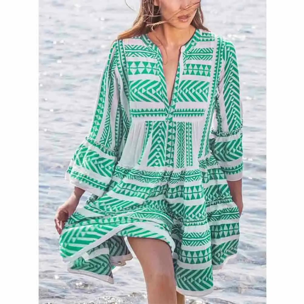 Женское летнее свободное платье Топы Праздничная пляжная одежда свободного кроя в повседневном стиле сарафан с оборками - Цвет: Зеленый