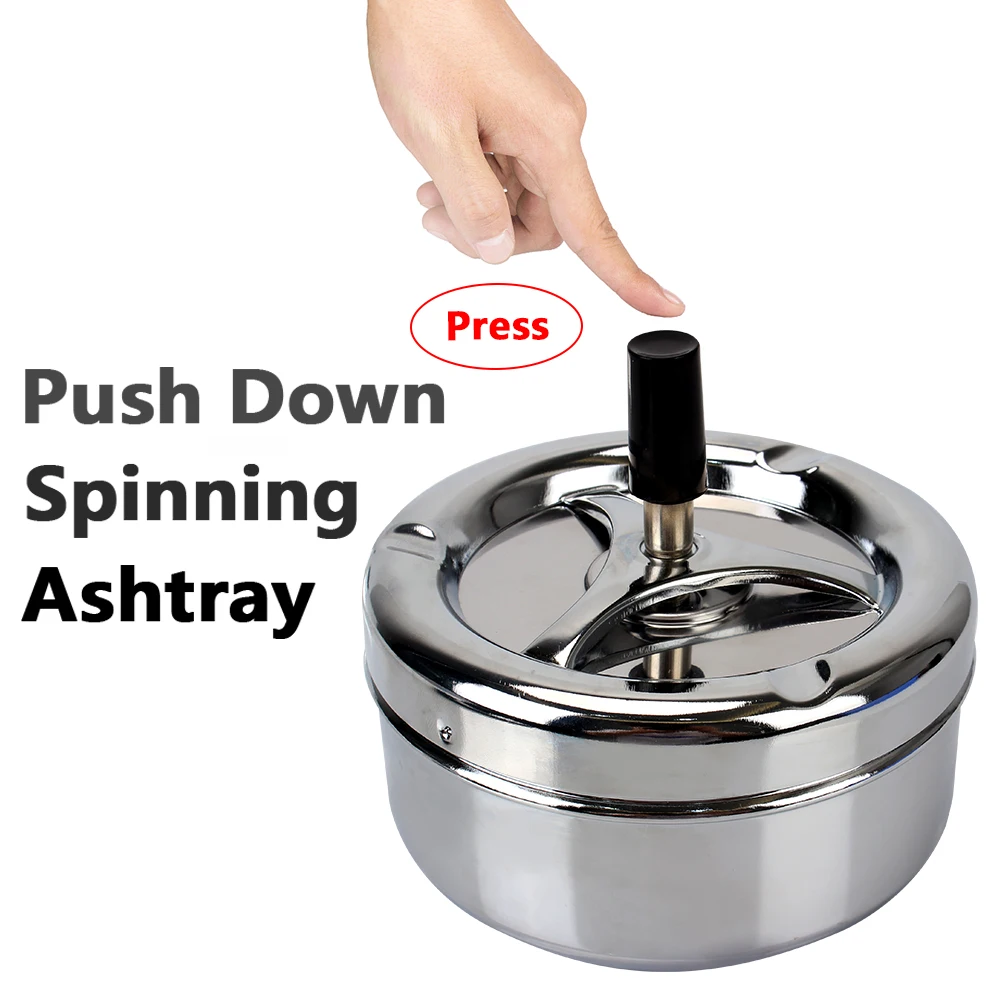 Cigarettes Ashtray Spinning Plain Ashtray Stainless Steel For Home Office Hotel Press Rotating Lid Stainless Steel Ashtray Metal Ashtray