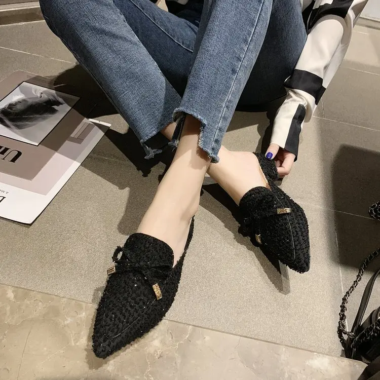 Новые зимние прозрачные женские тапочки из искусственного меха тапочки шлепанцы женская обувь с бантиком, острый носок квадратной формы ботинки на среднем каблуке; женская обувь