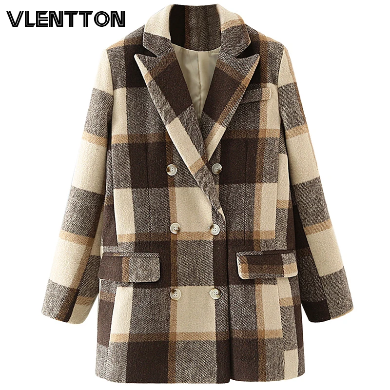 

2020 Autumn Winter Women Vintage Plaid Blazers Coat OL Work Office Lady Suit Jacket Female Overcoats Loose Outwear Tops Feminino