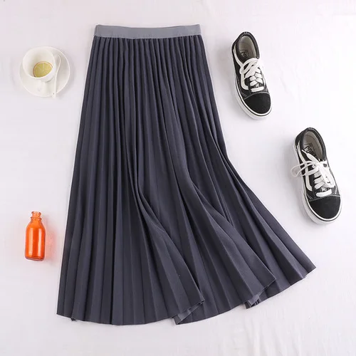 grey blue Womens New Spring Autumn A Line Pleated Long Skirt Casual High Waist Solid Skirts Elegant Office Work Wear Skirt Female - Цвет: grey blue