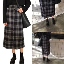 Новая Осенняя Женская винтажная Клетчатая Шерстяная Женская юбка-карандаш средней длины с высокой талией Клетчатая Шерстяная Юбка