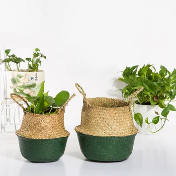 

Seagrass Woven Storage Basket Foldable Handmade Straw Flowerpot Wicker Rattan Flower Baskets Home Garden Succulent Plant Vase