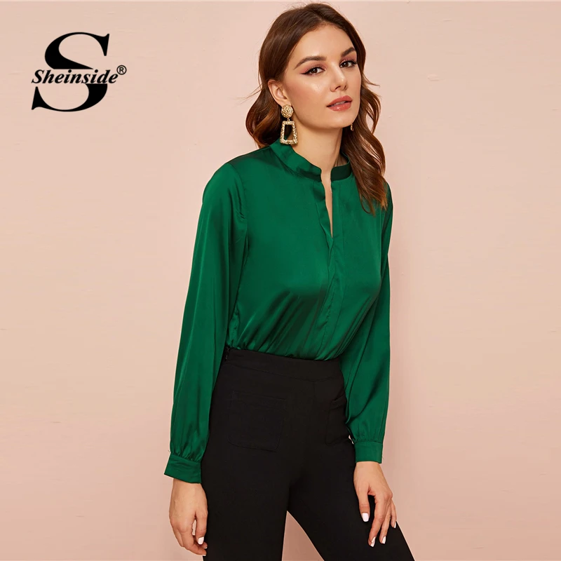 Sheinside, элегантная Зеленая атласная блузка, для женщин, весна, v-образный вырез, минималистичный стиль, блузки для офиса, для девушек, однотонный, с закругленным подолом, Топ