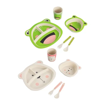 

10Pcs Baby Dish Training Tableware Cartoon Food Dishes Kids Dinnerware with Bowl Cup Spoon Fork Plate Green & White