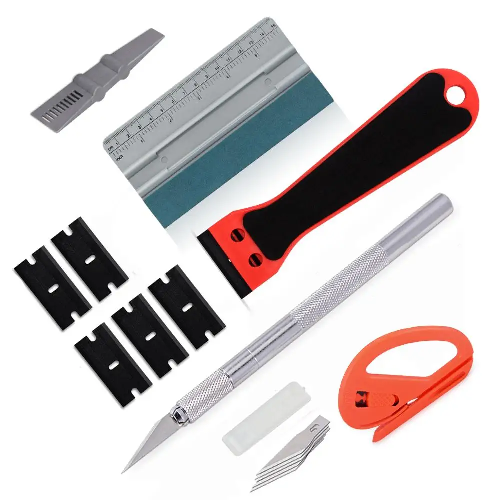 Comprar FOSHIO largo rascador de maquinilla de afeitar removedor de fibra de carbono de vinilo cortador de película cuchilla de coche envoltura de gamuza exprimidor de ventana Tint herramienta