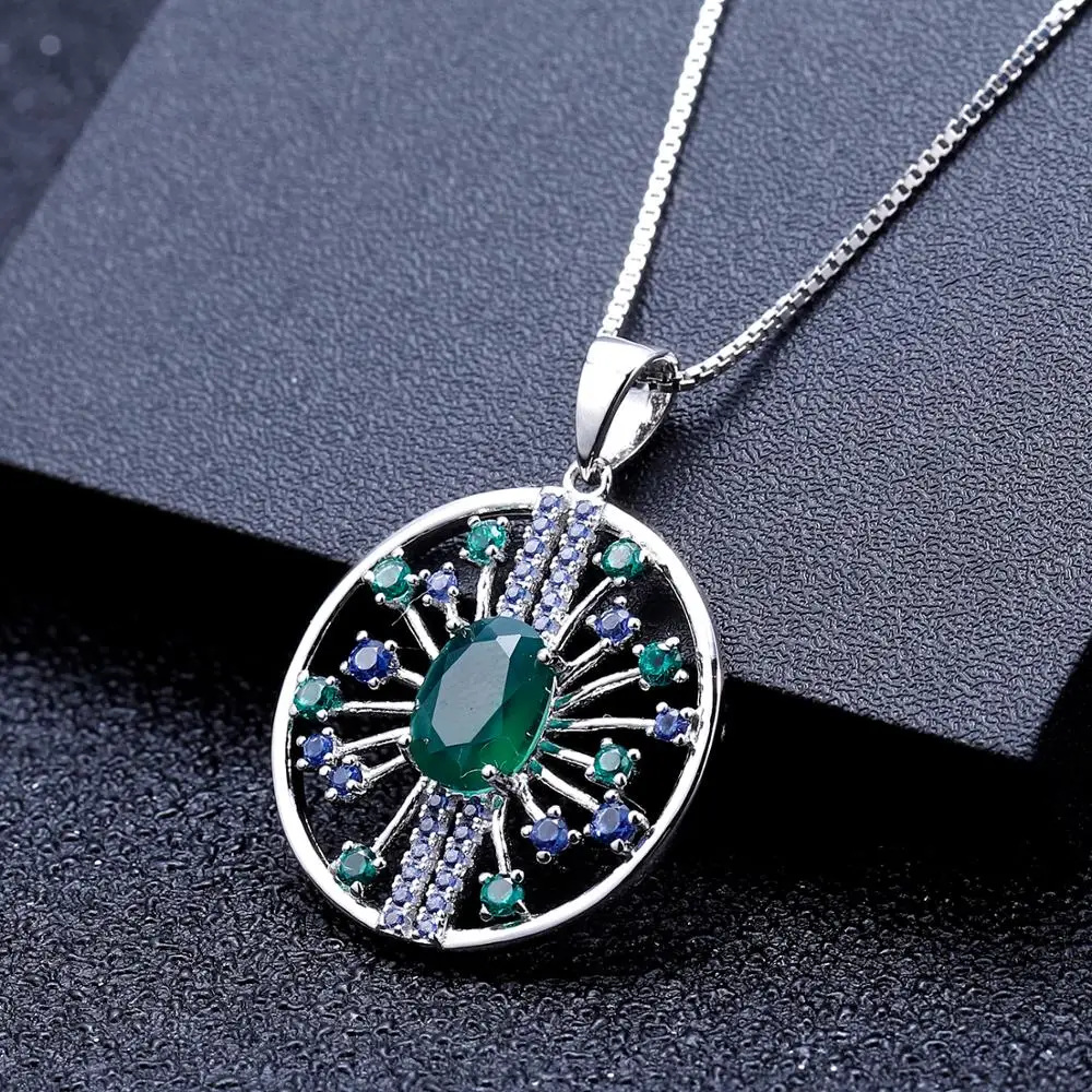 Ювелирный набор в винтажном стиле с натуральным зеленым агатом, 3.88Ct, 925 пробы серебряные серьги, наборы с подвеской для женщин, хорошее ювелирное изделие