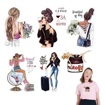 

Beautiful Girl Heat Transfers Iron On Patch For T-Shirt Lady Fashion Stickers Set Appliques Washable Stripe Diy Transfer Parches