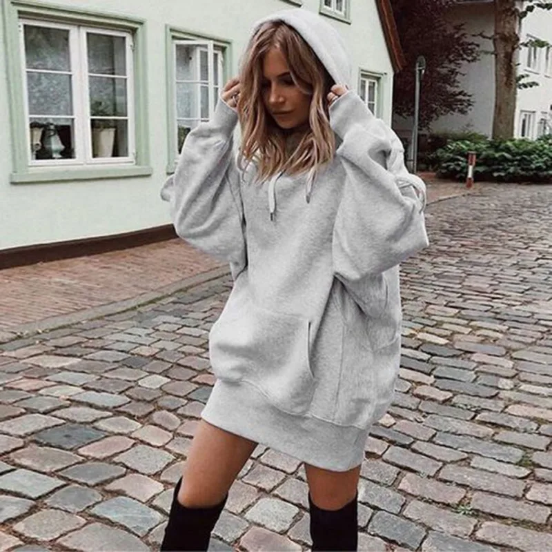  2019 Women Autumn Winter Hoodies Long Loose Thicken Hooded Drawstring Solid Color Long Sleeve Sweat