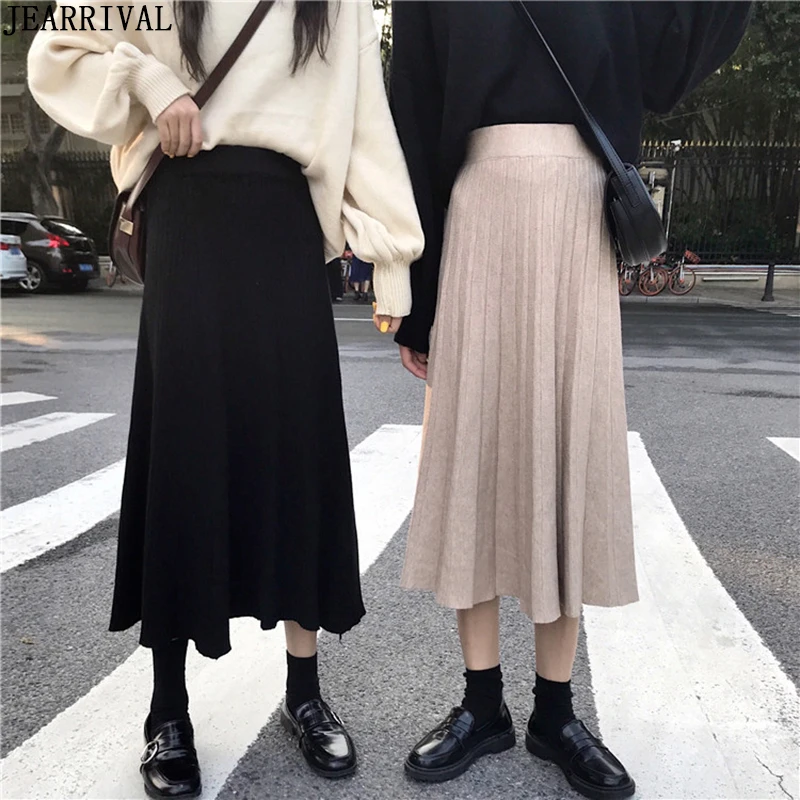 Новинка, женская теплая вязаная зимняя юбка, корейская мода, эластичная высокая талия, тонкая повседневная юбка в складку, длина до колена, Saia Faldas