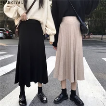 Новинка, женская теплая вязаная зимняя юбка, корейская мода, эластичная высокая талия, тонкая повседневная юбка в складку, длина до колена, Saia Faldas