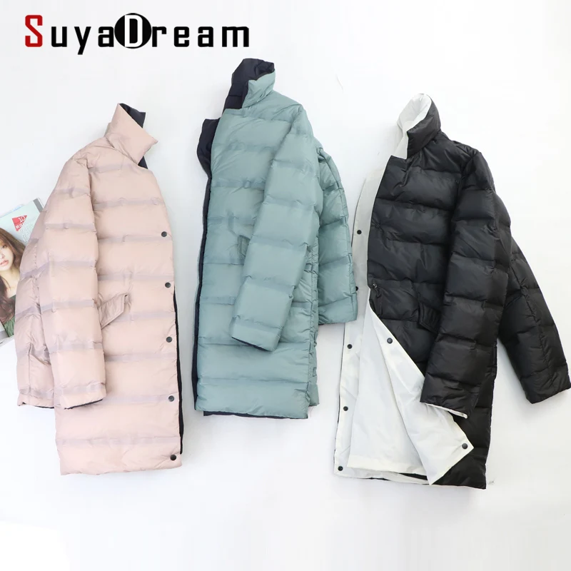 

SuyaDream Woman Long Down Coat 2020 Reversible Winter Jacket Qulited Solid Stand Collar Womens Parka