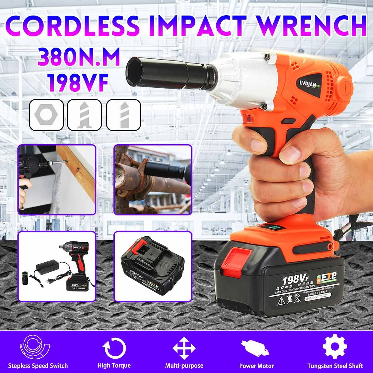 

198VF Cordless Electric Impact Wrench Socket 380N.M Electric Brushless + Rechargeable Lithium-Ion battery 110V 220V Tools