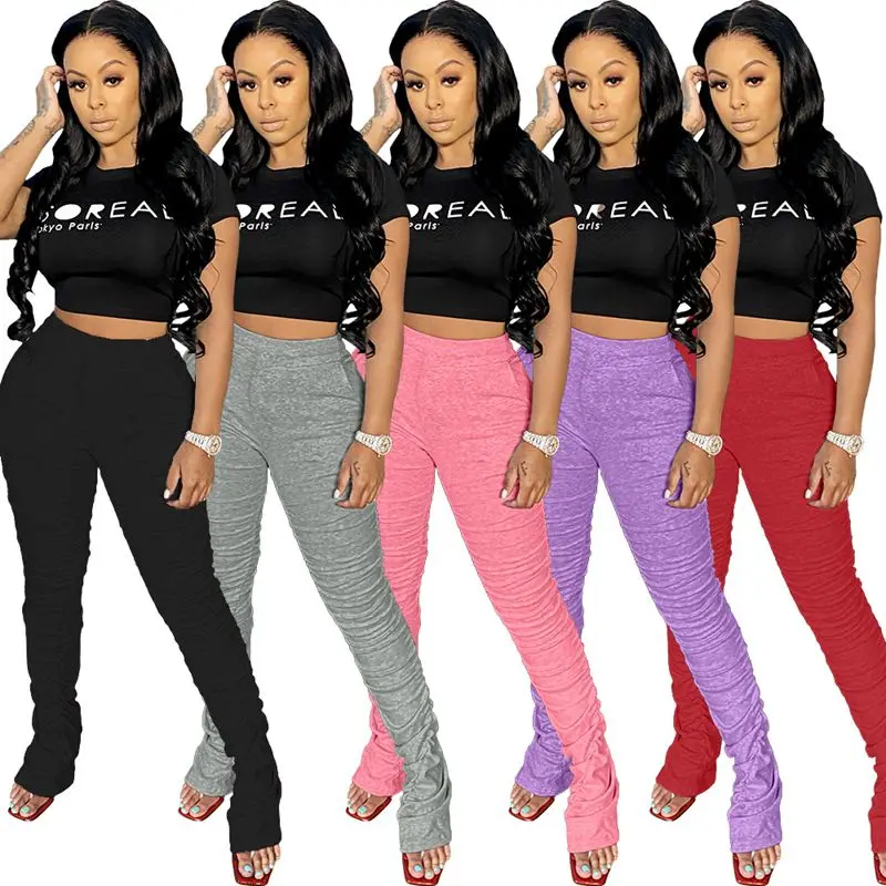 

Women Elastic Stacked Sweatpants Women Fashion Joggers Plus Size High Waisted Bodycon Ruched Pants Fitness Leggings Bottoms S262