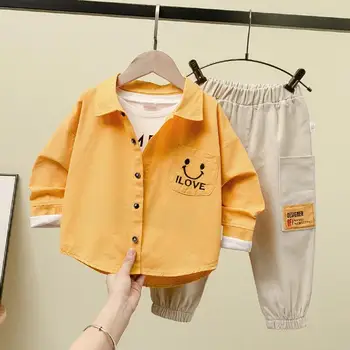 

Baby boys clothes sets 2-7 years old spring autumn 2-pieces-sets cotton Cartoon smiley shirt + big pocket casual pants fashion