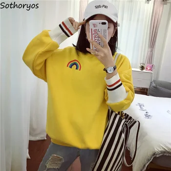 

Hoodies Women Rainbow Printed O-Neck Leisure Korean Ulzzang Sweatshirt Loose Simple Plus Velvet Womens Pullovers Trendy Elegant