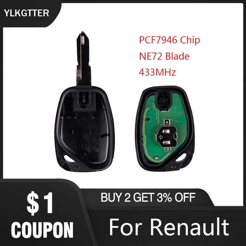 

YLKGTTER 2 Button Remote Car Key Fit for Renault Vivaro Movano Traffic Master Kangoo with PCF7946 Chip 433MHz Uncut NE72 Blade