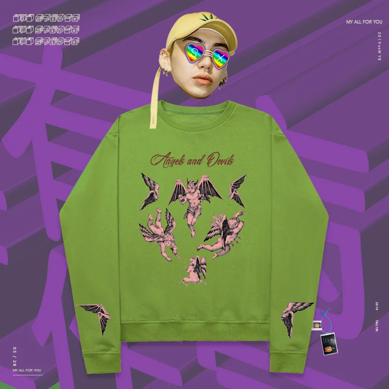 Sweatershirts spoof hophip versatile classic popular Cartoon Print Fun stitching angel with wings retro oversize Unisex coat