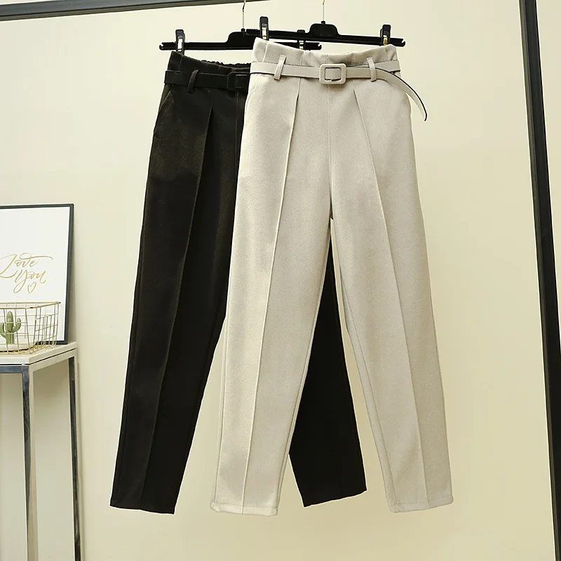 New Fashion Autumn Women Woolen Pants Trousers High Waist Pantalon Femme Casual Female Harem Pants With Belt WP119