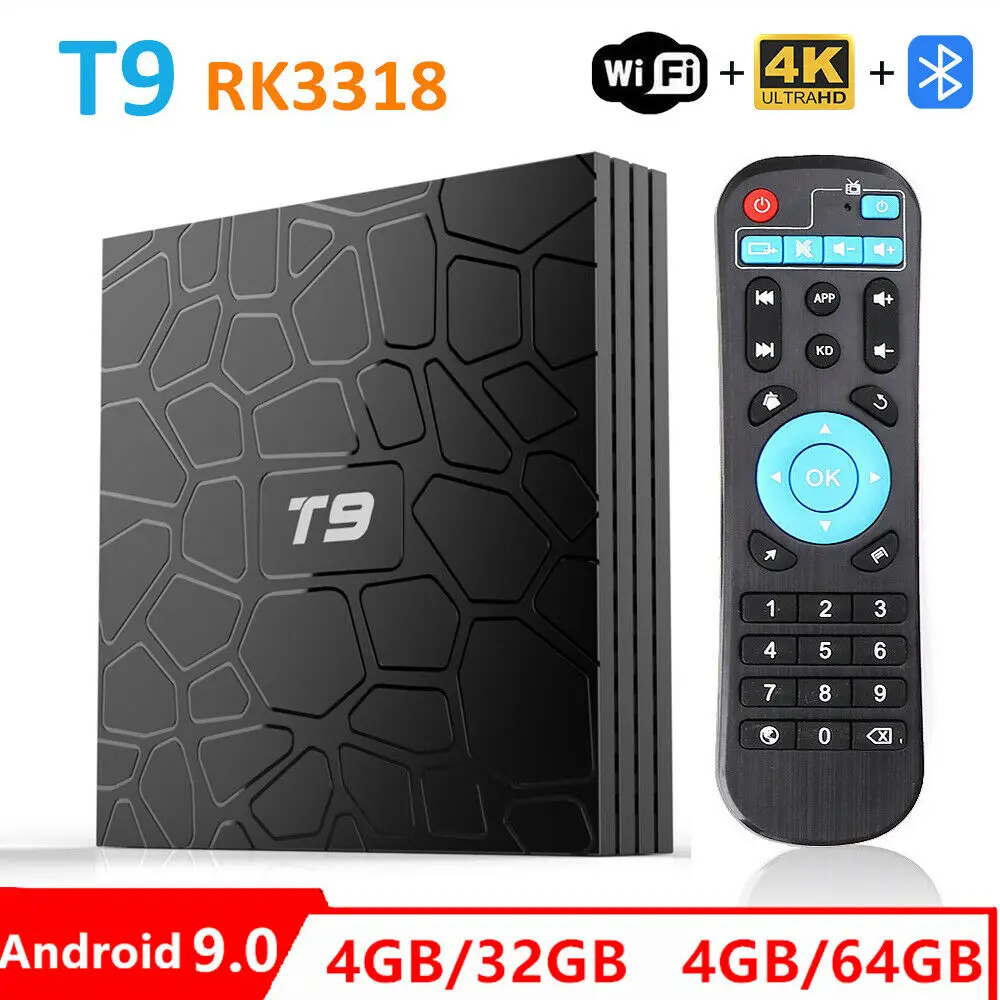 

Smart T9 TV Box 4G+32/64G RK3328 Quad Core 2.4G WIFI Set Top Box H.265 BT4.0 HDMI2.0 USB3.0 4K 100M Android 9.0 Media Player