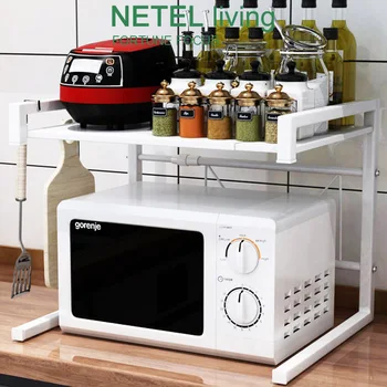

NETEL Microwave Oven Rack, Expandable Carbon Steel Microwave Shelf Kitchen Counter Shelf 3 Hooks