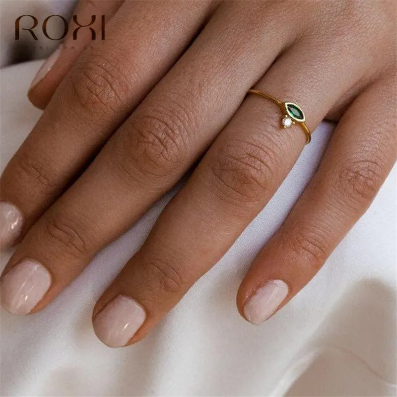 ROXI кольца из стерлингового серебра 925 для Для женщин лошадиный глаз зеленый камень свадебные кольца минималистский Тонкий изящный Кристалл ювелирные изделия на безымянный палец
