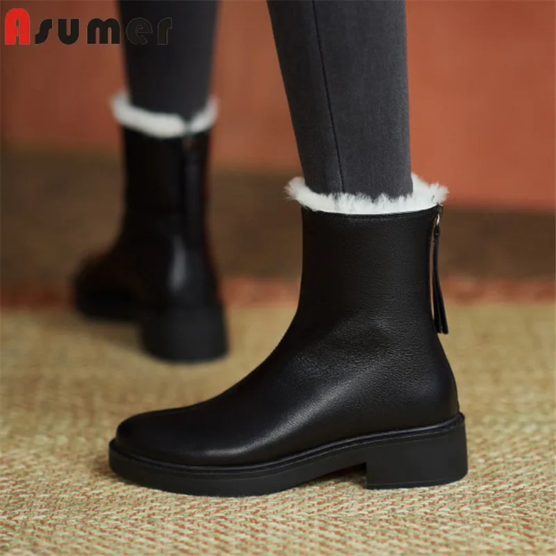 

Сапоги женские из натуральной кожи, на толстом меху, с застежкой-молнией и круглым носком