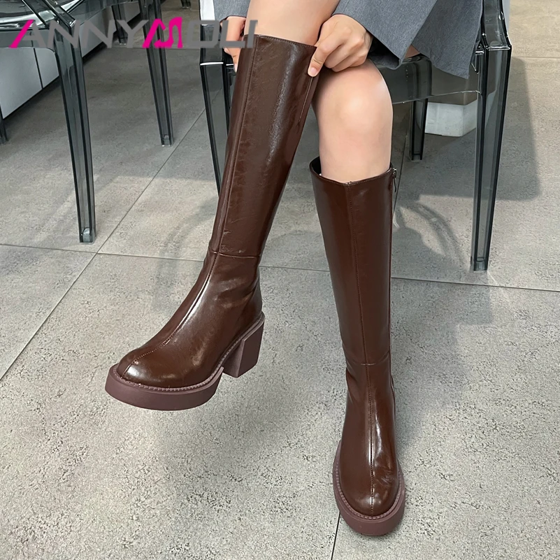 

ANNYMOLI Genuine Leather Knee High Boots Women Shoes Platform Chunky Heel Boots High Heel Round Toe Zipper Lady Boots Autumn 40