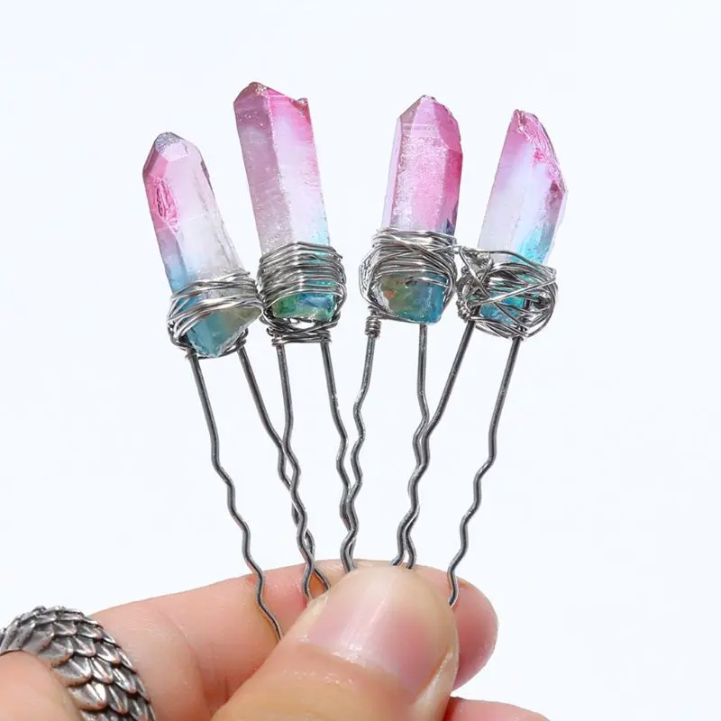 

Boho Womens Wedding Hairpins Faux Raw Quartz Crystal Gradient Hair Clip Stick