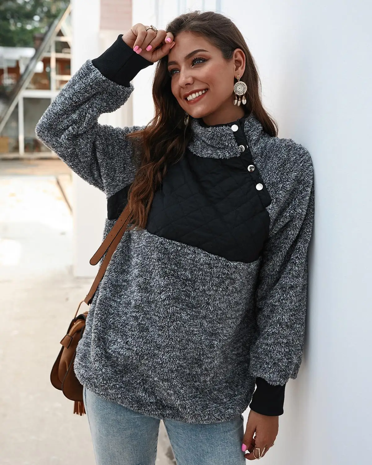 i2u Women's Warm Long Sleeves Button Neck Splice Geometric Pattern Fleece Pullover Coat Sweatshirts Outwear