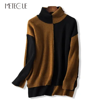 

Contrast Color Turtleneck Women Sweaters Casual Loose Long Sleeve Wool Blended Knitted Woman Sweater Autumn Winter 2019