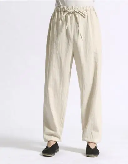 Beige White Мужские хлопковые льняные брюки, дышащие повседневные широкие льняные брюки, мужские мягкие свободные штаны из натурального льна, 4 цвета KZ0002 - Цвет: Beige White