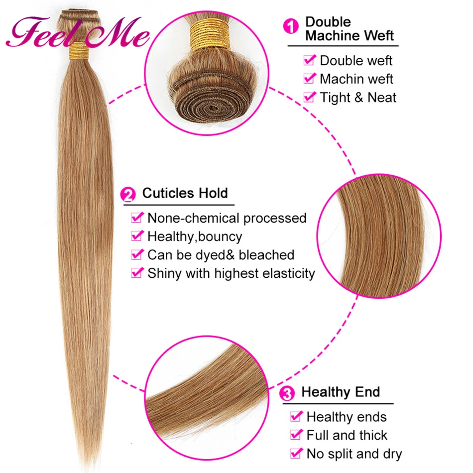 FEEL ME Peruvian Straight Hair Weave Bundles With Closure#27 Pre-colored 3pcs/lot Human Hair Bundles With Closure Non Remy Hair