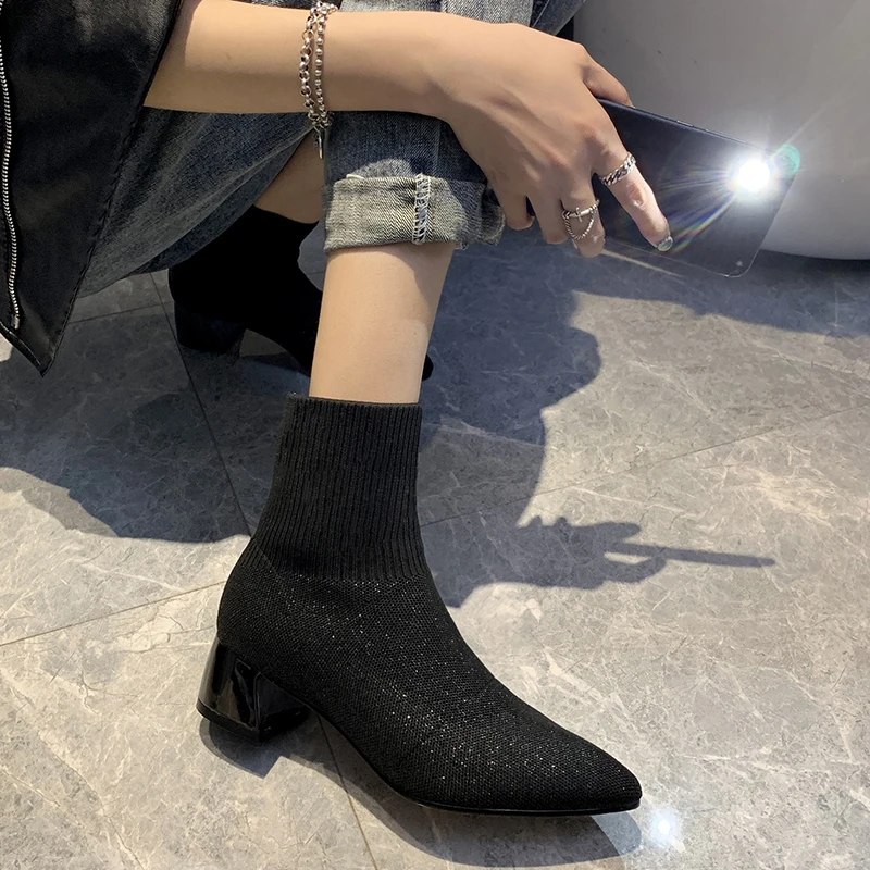 Najtaniej Czarne różowe skarpetki buty dzianiny Stretch damskie botki 2019 eleganckie szpiczasty nosek średni obcas buty damskie botki metalowe pięty