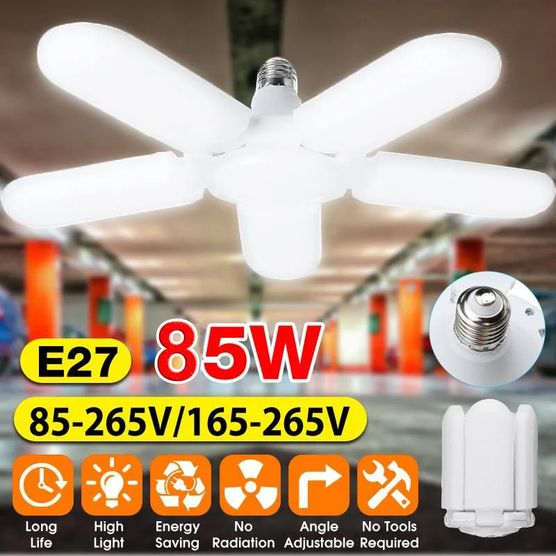 

85W LED Garage Lamp Deform Ceiling Fan Light E27 Foldable Blade Bulb Adjustable 85-265V Warehouse Workshop Industrial Light