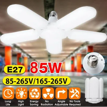 

85W LED Garage Lamp Deform Ceiling Fan Light E27 Foldable Blade Bulb Adjustable 85-265V Warehouse Workshop Industrial Light