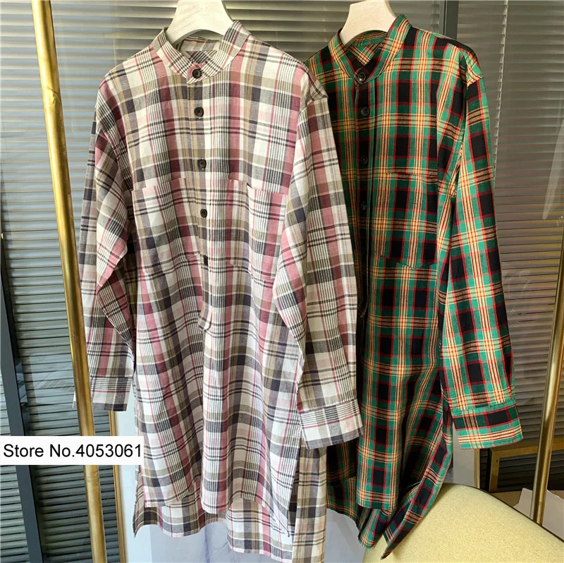 

Cotton & Linen Contrast Plaid Long Sleeve Stand Collar Shirtdress - Women 2019 New Gingham Checkered Plaid Casual Dress