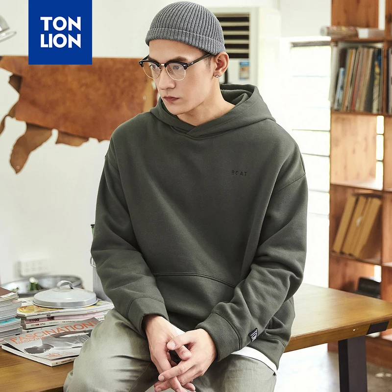 

TONLION Black and Deep Green Hoodies Men Spring Loose Print Casual Sweatshirts Hat Full Sleeve Hooded Mans Top 2020 New Arrival