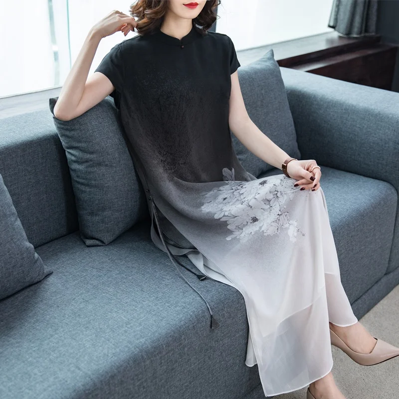 Summer Casual Dresses For Women Chiffon Robe Vintage Femme Mandarin Collar Short Sleeve Long Dress Elegant Vestdio OS033