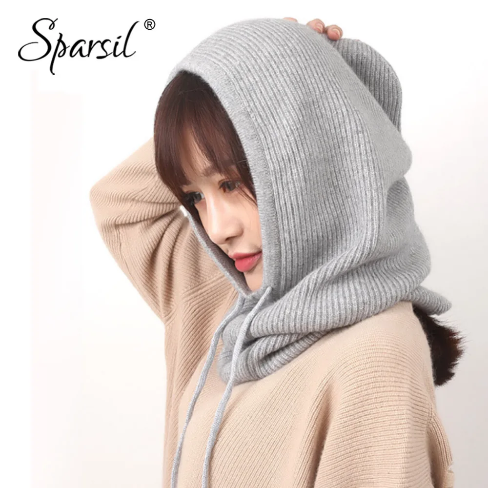 Best Sparsil Unisex Winter Cashmere Knitted Hooded Collar Removeable Elastic Hat Men Women Warm Thick Wool Neck Wrap Drawstring Caps