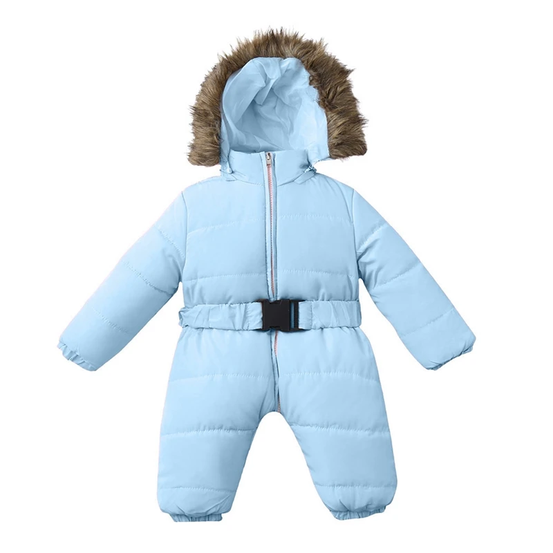 Зимние комбинезоны; Спортивный костюм; пуховик для маленьких мальчиков и девочек; теплое пальто с капюшоном и толстым плюшевым поясом; Одежда для новорожденных мальчиков и девочек; верхняя одежда - Цвет: Sky Blue