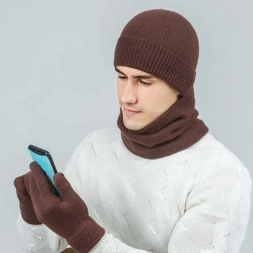 High Quality Men Winter Hat Scarf Gloves Set Soft Comfortable Plus Velvet Scarf Winter Warm Beanies Touch Screen Gloves 3 PCS