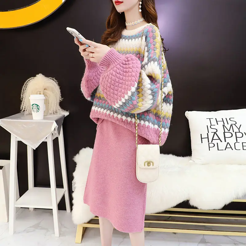 

Women's suit autumn and winter New lazy wind age-reducing students loose large size knitted sweater skirt two-piece women's suit