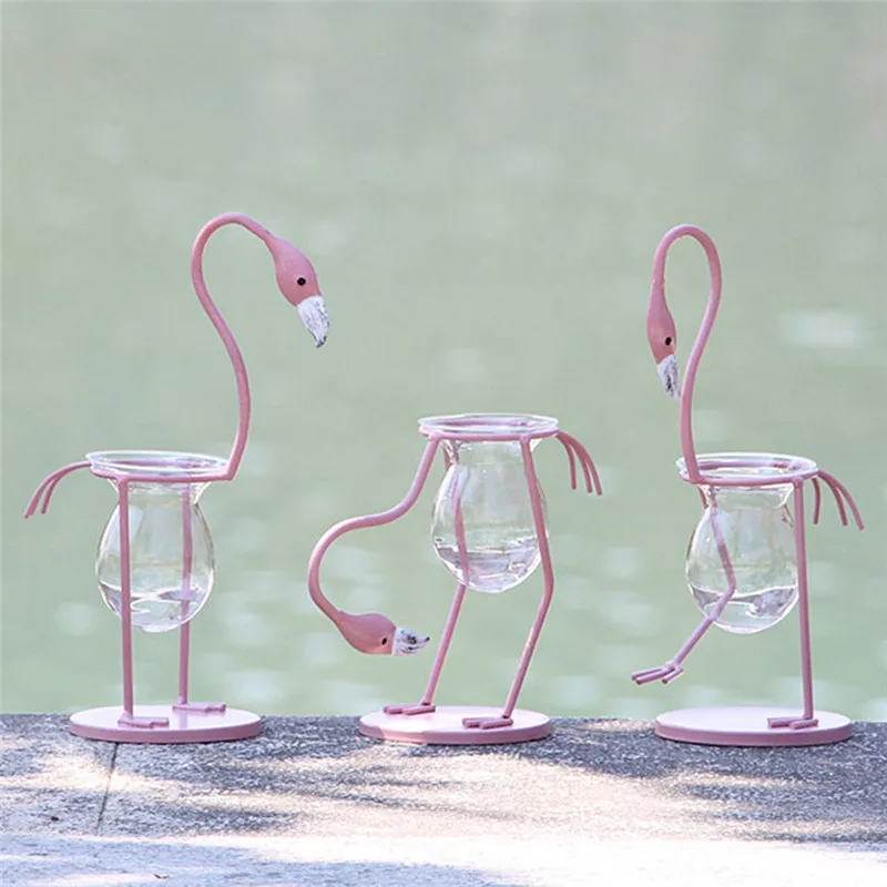 Flamingo Shape Glass Tabletop Hydroponics Flower Vase and Bonsai Pot