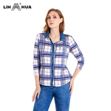 

LIH HUA Women's Plus Size Shirt Spring Cotton 3/4 Sleeve Tops Plaid Lapel Single-breasted Loose Casual Top