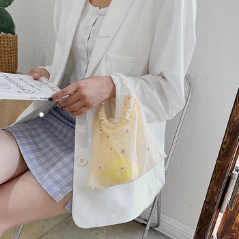 

Mesh Daisy Embroidery Handbag Small Transparent Tote Bag Women Pearl Elegant Beach Summer Pouch Shopping Purse