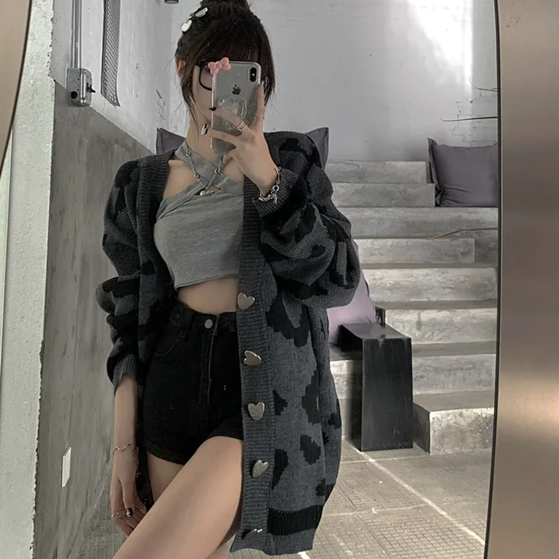 Korean Chic Sweater Sweet Cool Minority Leopard Print Loose Casual Versatile Knitted Cardigan Large Coat Jum |
