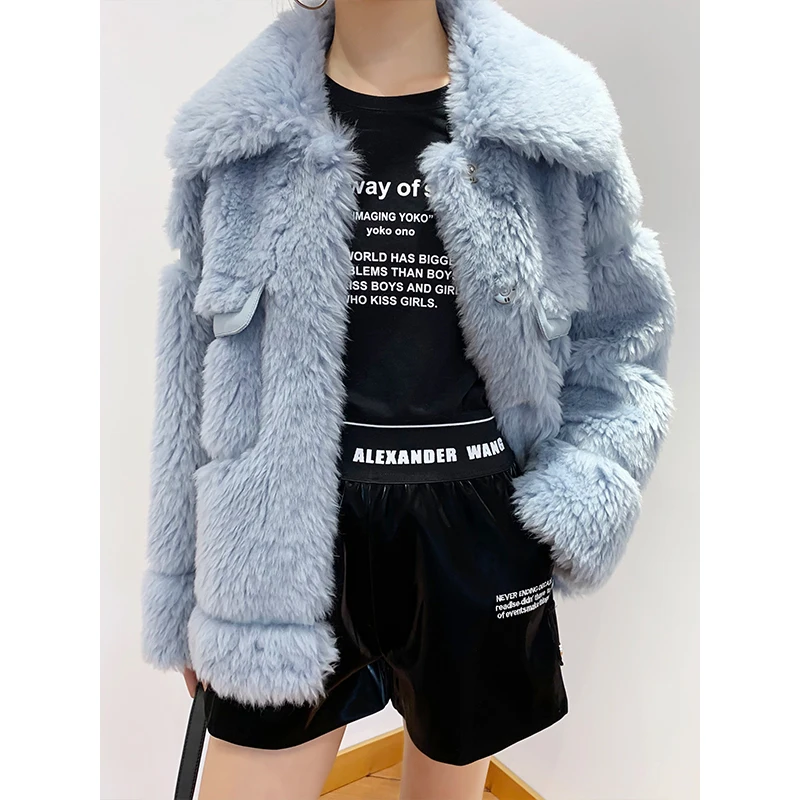 BLue Tcyeek, куртка для стрижки овец, женская зимняя одежда,, корейское элегантное пальто с натуральным мехом, женские винтажные шерстяные топы Hiver 19912 - Цвет: BLue