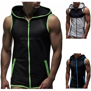 

Men's Polyester Vest Hooded Zipper Fitness Basketball Breathable Perspiration Quick-drying Sleeveless Tees Free Shipping Summer